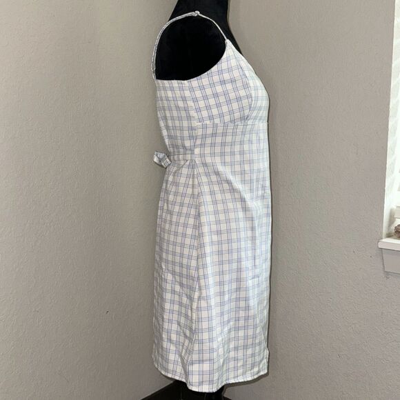 John Galt Mini Fit & Flare Dress Women's White Blue Plaid Straps Belted Back Zip - Picture 2 of 8